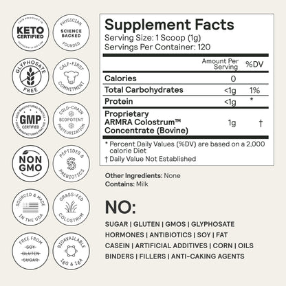 ARMRA Colostrum™ Premium Powder, Grass Fed, Gut Health Bloating Immunity Skin & Hair, Contains 400+ Bioactive Nutrients, Potent Bioavailable, Keto, Gluten & Fat Free (Unflavored | 120 Servings)