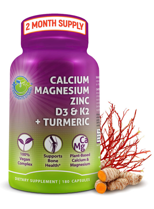 Plant-Based Calcium 500mg – Magnesium, D3, K2, Turmeric, Bone Health, 180 Ct