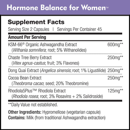 Hormone Balance for Women - Natural Mood Supplement - PMS Relief and Menopause Support | Featuring Clinically Studied KSM-66 Ashwagandha (90 Capsules)