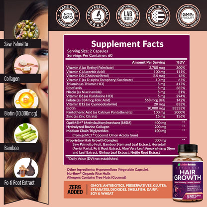 Hair Growth Vitamins for Women – Biotin, Collagen, MSM – 60 Day Supply