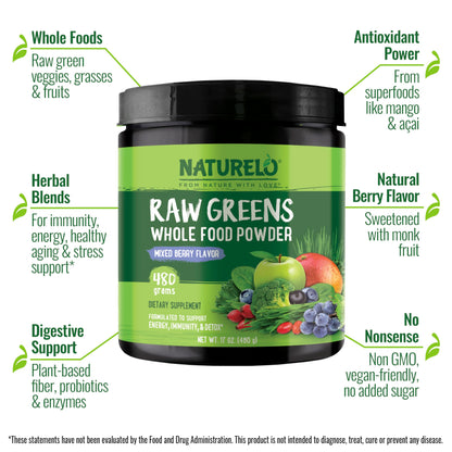 NATURELO Raw Greens Superfood Powder – Mixed Berry, Organic, 480g