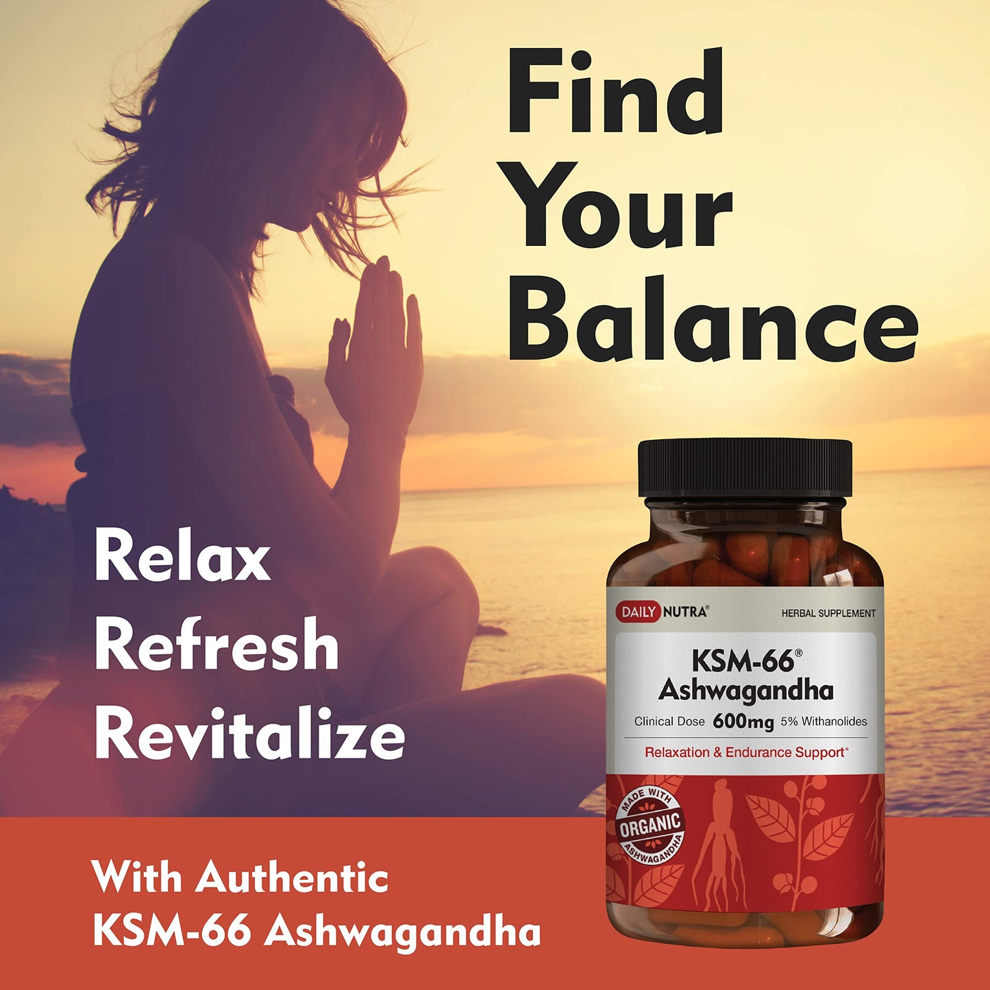 DailyNutra KSM-66 Ashwagandha 600mg Organic Root Extract - High Potency Supplement with 5% Withanolides | Relieves Tiredness, Supports Relaxation, Focus, Energy, & Muscle Growth (90 Capsules)
