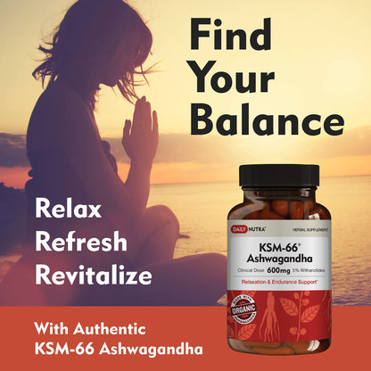 DailyNutra KSM-66 Ashwagandha 600mg Organic Root Extract - High Potency Supplement with 5% Withanolides | Relieves Tiredness, Supports Relaxation, Focus, Energy, & Muscle Growth (90 Capsules)