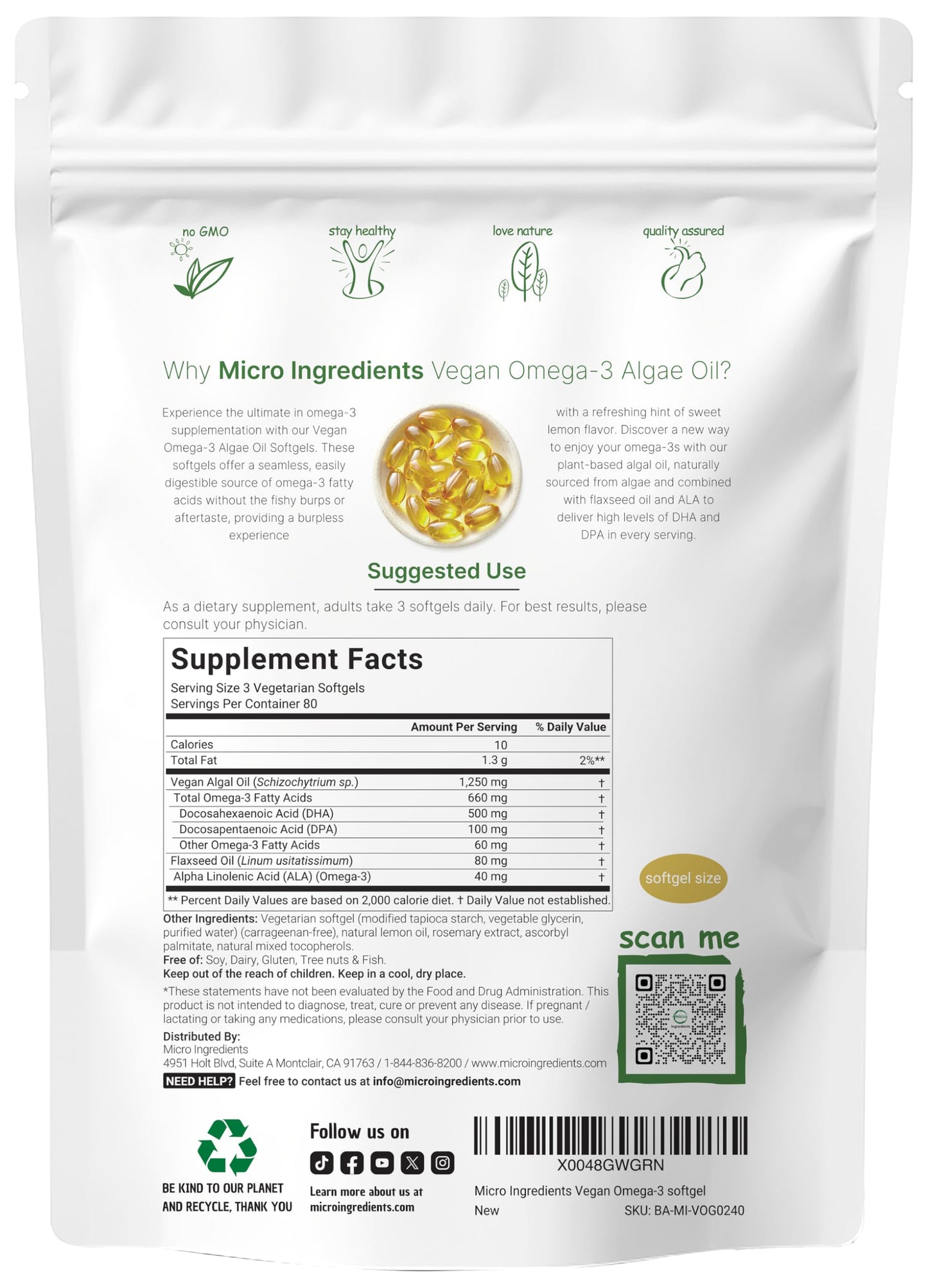 Micro Ingredients Vegan Omega-3 – DHA DPA ALA, Algae Oil, Lemon, 240 Ct