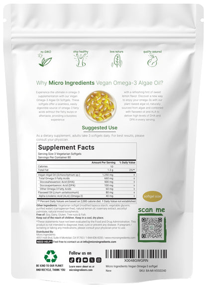 Micro Ingredients Vegan Omega-3 – DHA DPA ALA, Algae Oil, Lemon, 240 Ct