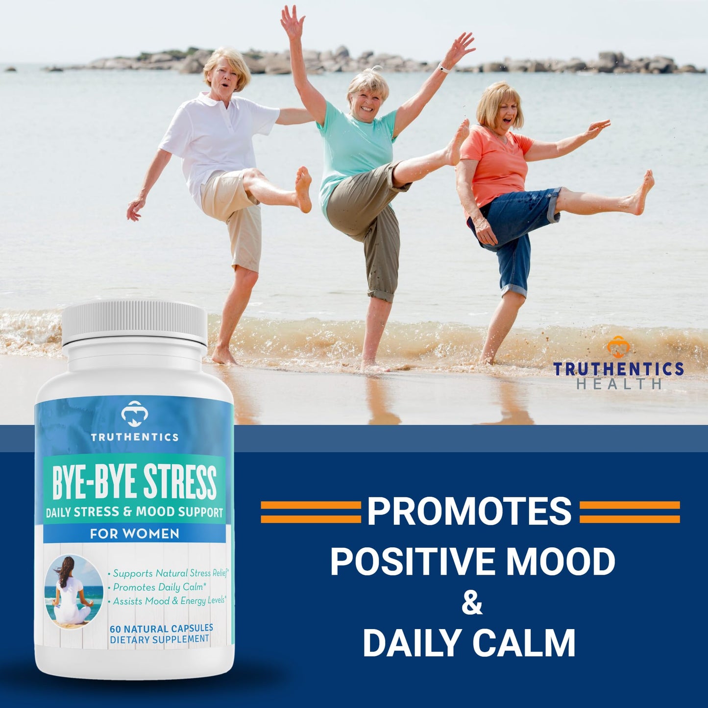 TRUTHENTICS Stress Relief Supplement for Women – Natural Calm, Energy and Mood Support with Ashwagandha, GABA, Lemon Balm, L-Theanine, Rhodiola, Vitamin B - Vegan - 60 Capsules