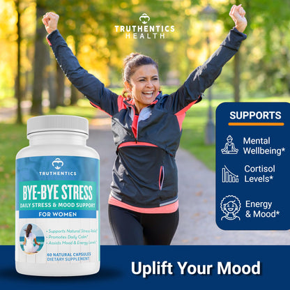 TRUTHENTICS Stress Relief Supplement for Women – Natural Calm, Energy and Mood Support with Ashwagandha, GABA, Lemon Balm, L-Theanine, Rhodiola, Vitamin B - Vegan - 60 Capsules