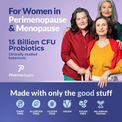 Natural Menopause Supplements for Women - Perimenopause Supplements for Hormonal Balance, Bloating & Mood Swings | Hot Flashes Menopause Relief w/Probiotics & Prebiotics, Black Cohosh & Chasteberry