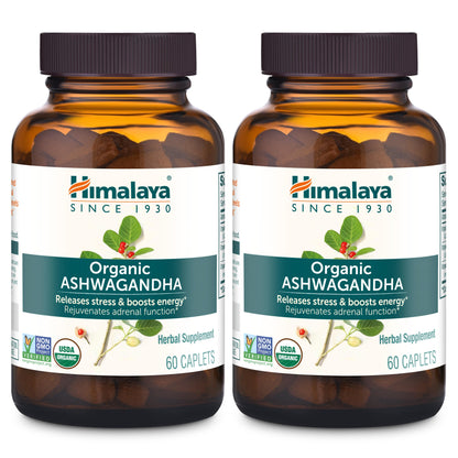 Himalaya Organic Ashwagandha, 120 Day Supply, Herbal Supplement for Stress Relief, Energy Support, Occasional Sleeplessness, USDA Organic, Non-GMO, Vegan, Gluten Free, 670 mg, 60 Caplets, 2 Pack