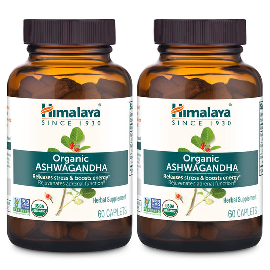 Himalaya Organic Ashwagandha, 120 Day Supply, Herbal Supplement for Stress Relief, Energy Support, Occasional Sleeplessness, USDA Organic, Non-GMO, Vegan, Gluten Free, 670 mg, 60 Caplets, 2 Pack