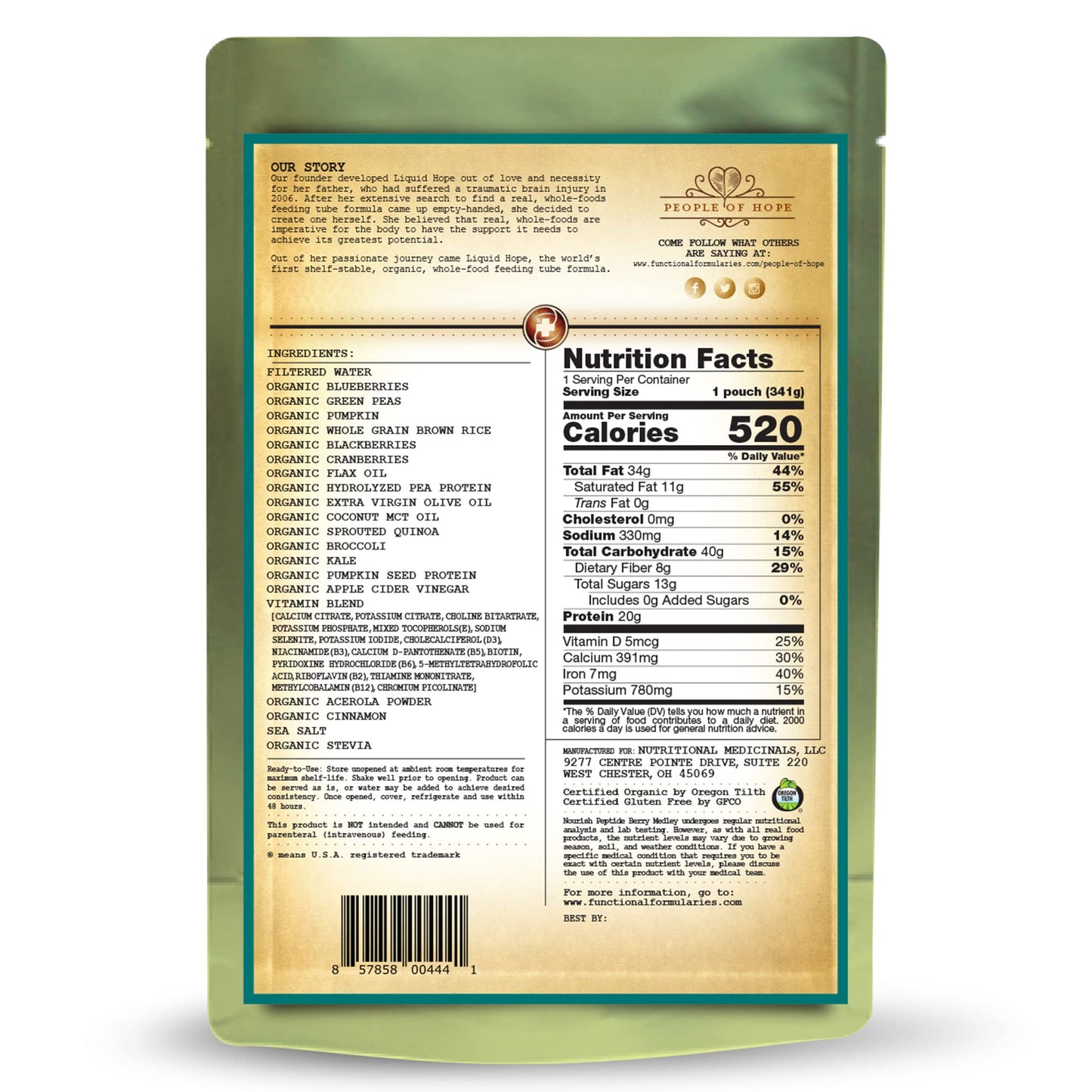 Functional Formularies Nourish Berry Medley Peptide Formula, Organic Tube Feeding Formula and Nutritional Meal Replacement Supplement, 12 Oz Pouch, Pack of 24
