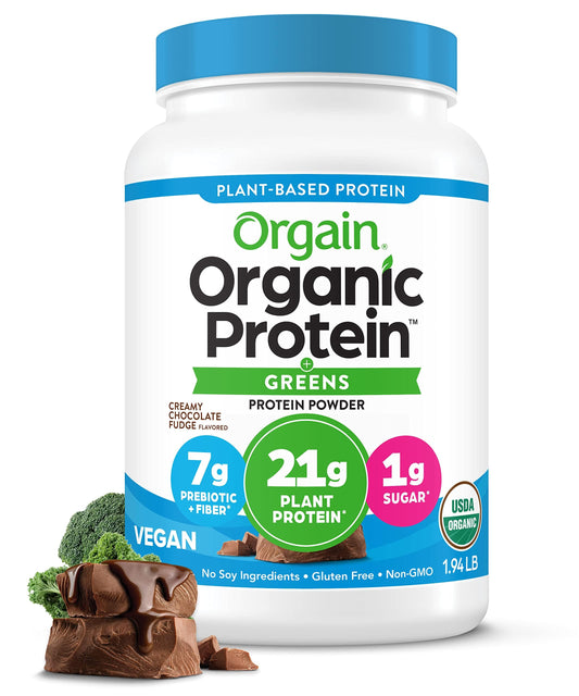 Orgain Vegan Protein + Greens – Chocolate Fudge, 21g Protein, No Sugar