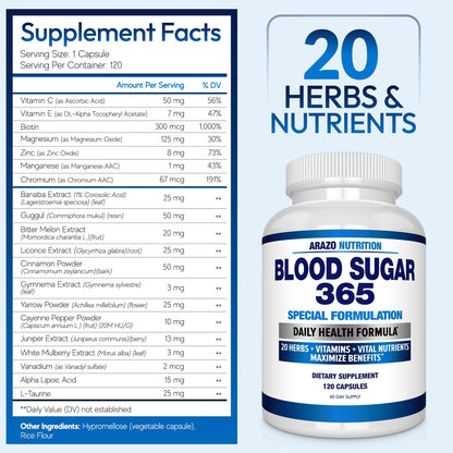 Arazo Nutrition Blood Sugar 365 – Glucose & Energy Support – 120 Ct