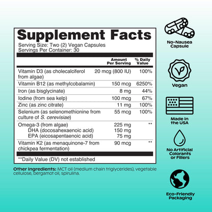 wholier Plant-Based Multivitamin – Vegan Omega-3, B12, D3, K2, Iron Support