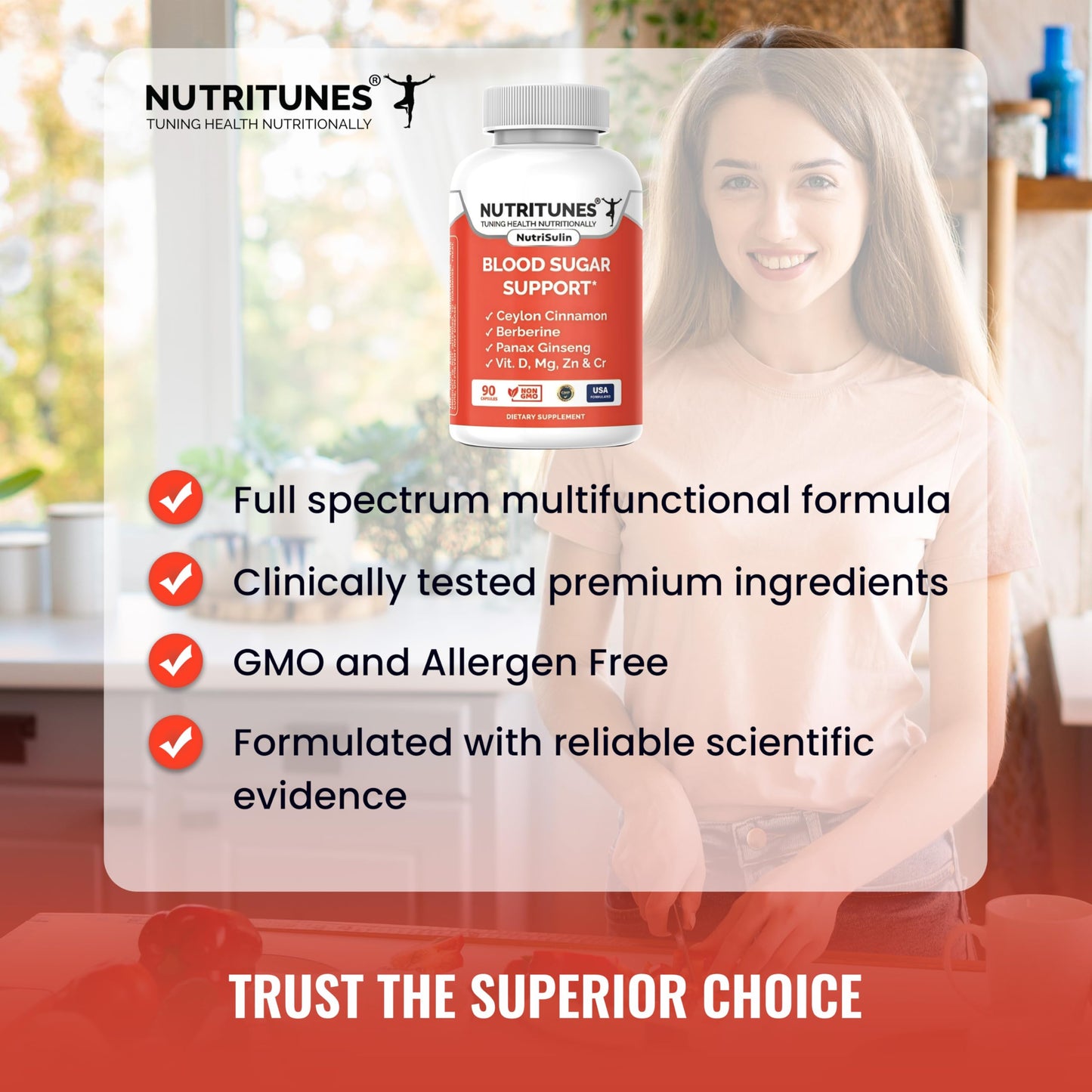 Nutritunes Blood Sugar Support – Cinnamon, Berberine & Chromium – 90 Ct
