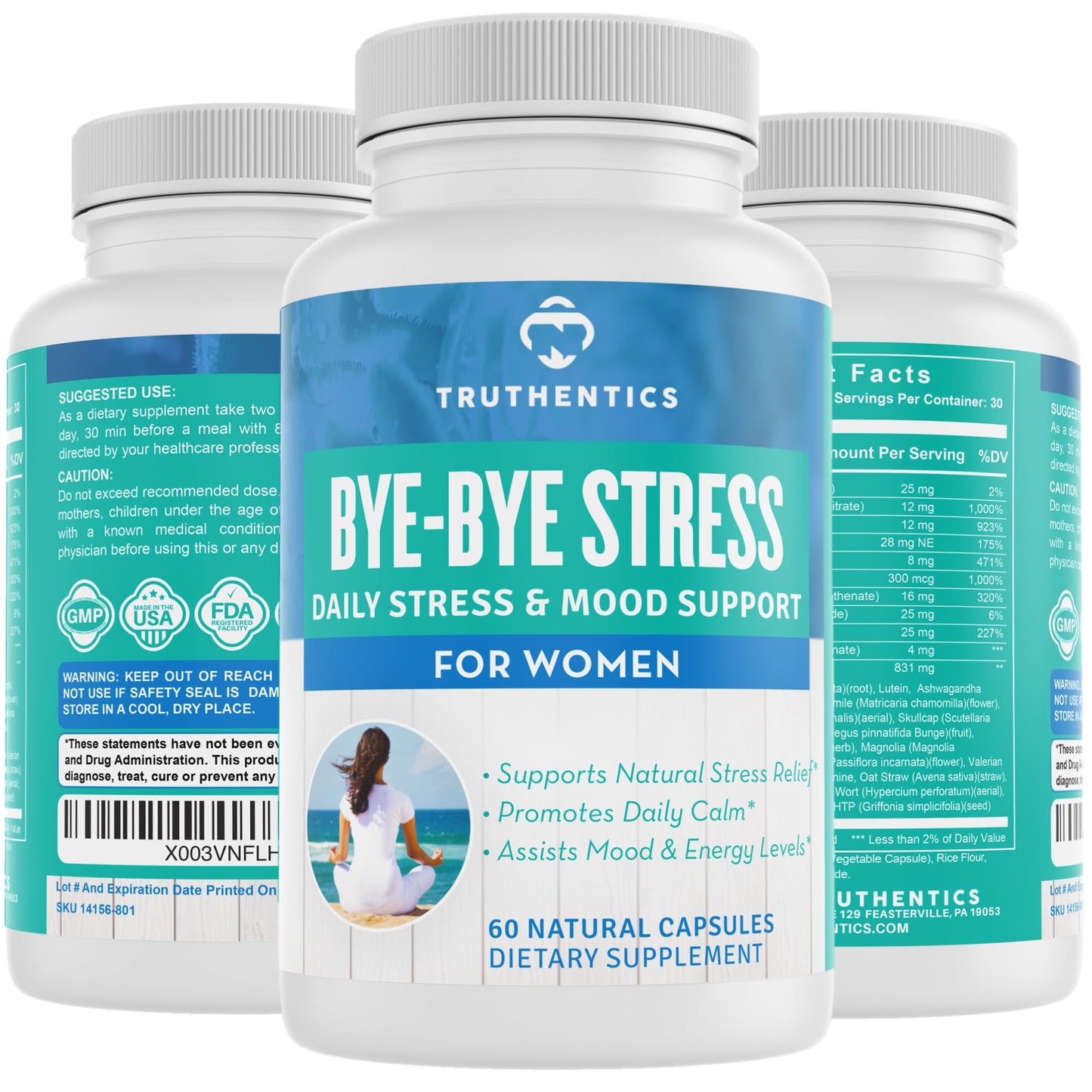 TRUTHENTICS Stress Relief Supplement for Women – Natural Calm, Energy and Mood Support with Ashwagandha, GABA, Lemon Balm, L-Theanine, Rhodiola, Vitamin B - Vegan - 60 Capsules