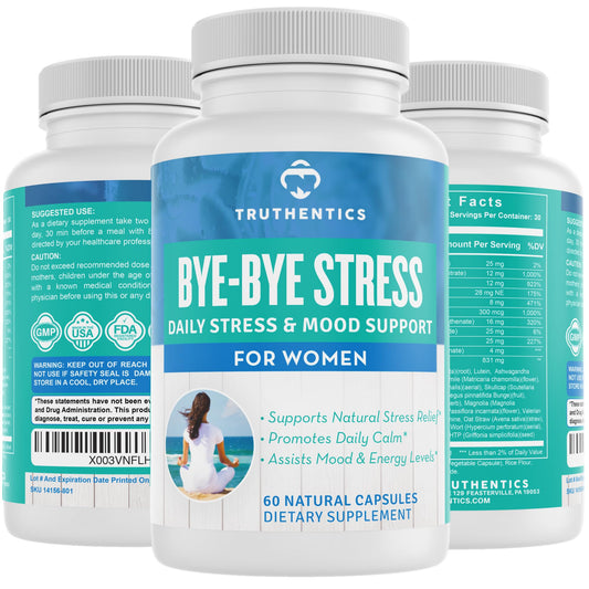 TRUTHENTICS Stress Relief Supplement for Women – Natural Calm, Energy and Mood Support with Ashwagandha, GABA, Lemon Balm, L-Theanine, Rhodiola, Vitamin B - Vegan - 60 Capsules