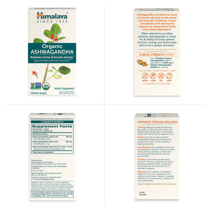 Himalaya Organic Ashwagandha, 120 Day Supply, Herbal Supplement for Stress Relief, Energy Support, Occasional Sleeplessness, USDA Organic, Non-GMO, Vegan, Gluten Free, 670 mg, 60 Caplets, 2 Pack