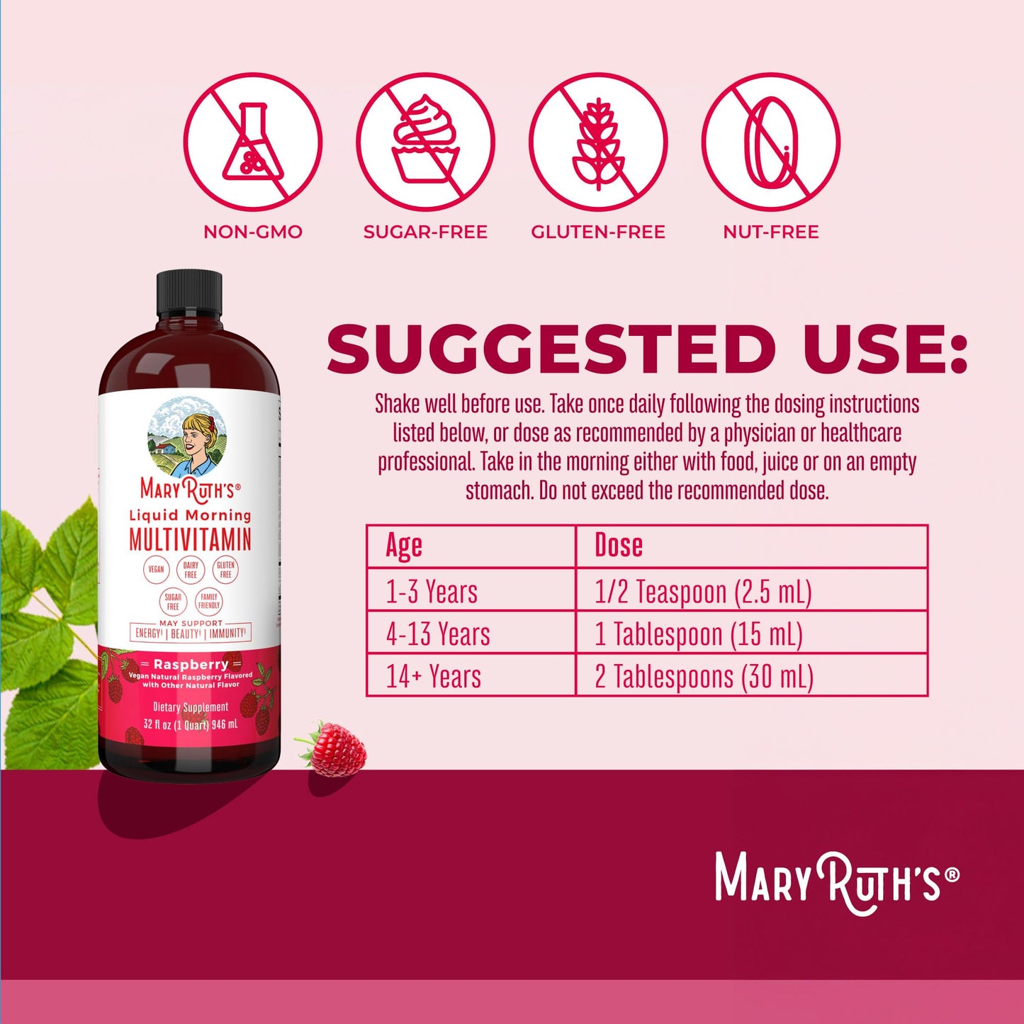 MaryRuth's Liquid Morning Multivitamin Raspberry (32oz) & Liquid Nighttime Multimineral Coconut (15.22oz) | Sugar-Free, No Melatonin | Vegan, Non-GMO | Supports Sleep, Beauty, and Overall Health