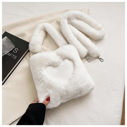 Winter plush shoulder tote bag for women with soft texture and vertical square shape