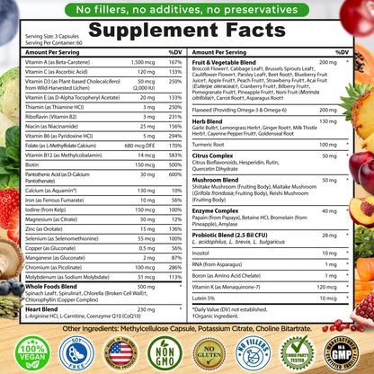 Vegan Whole Food Multivitamin with Iron – B-Complex, Probiotics, 180 Ct