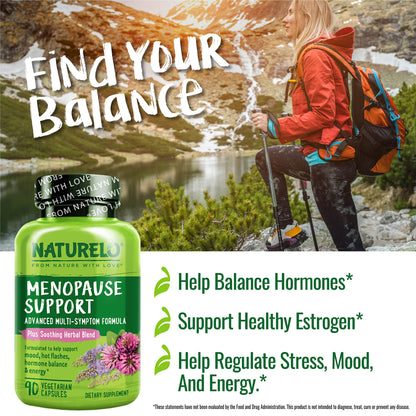 NATURELO Menopause Supplements for Women, Herbal Blend with Black Cohosh for Menopause Hot Flashes Advanced Estrogen Multi-Symptom Formula 90 Capsules
