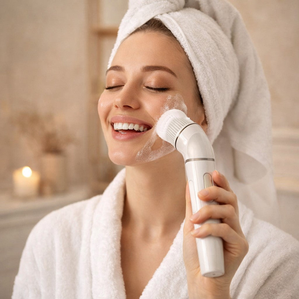 Woman using a skincare device with a towel on her head in a bathroom setting