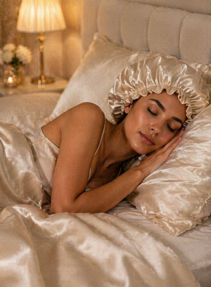 Woman sleeping in bed with satin headband and matching blanket