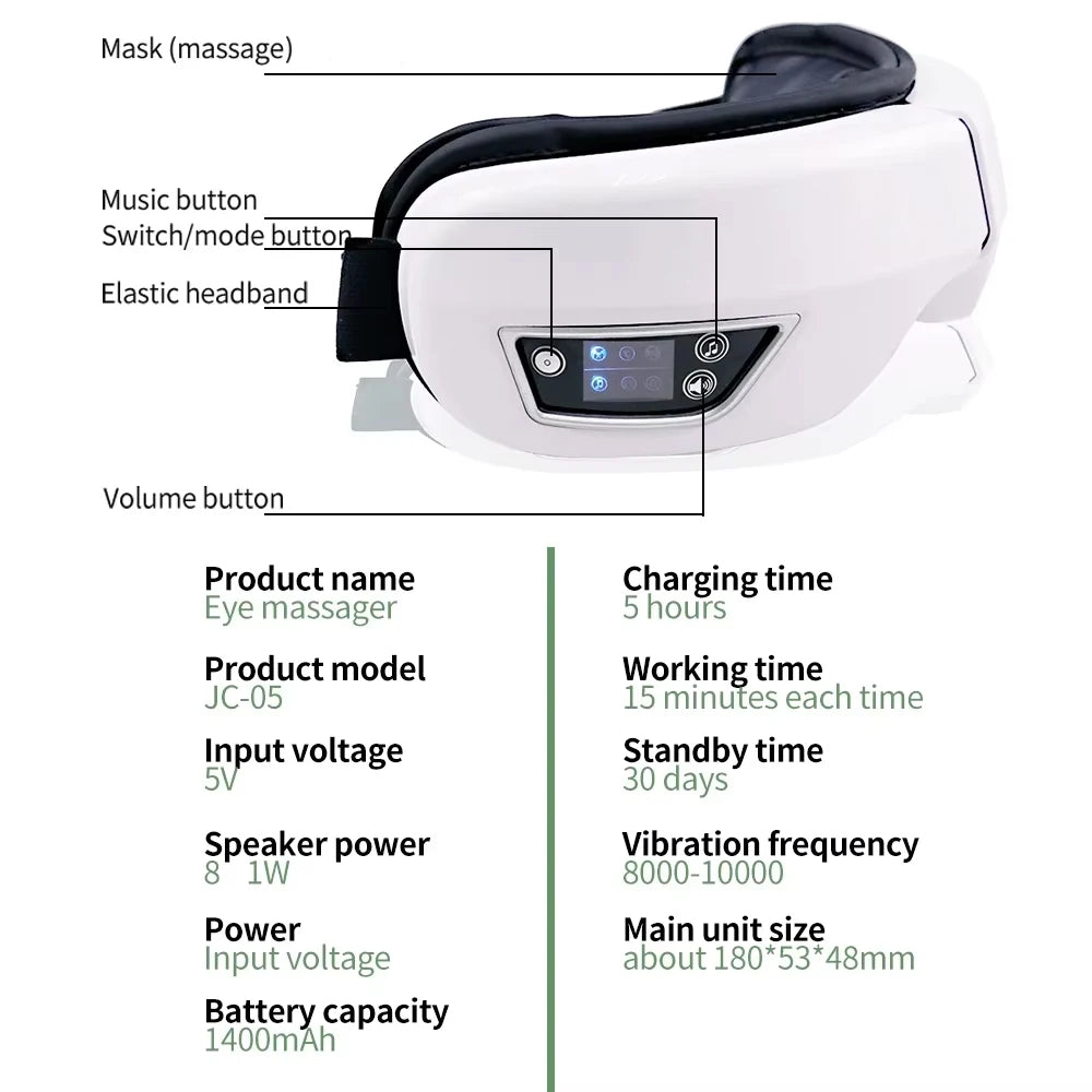 Smart Eye Massager with Vibration, Air Compression & Bluetooth Music for Eye Fatigue Relief