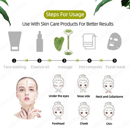 Jade Gua Sha Face Massager Roller and Scraper Tool for Facial Lift & Neck Slimming