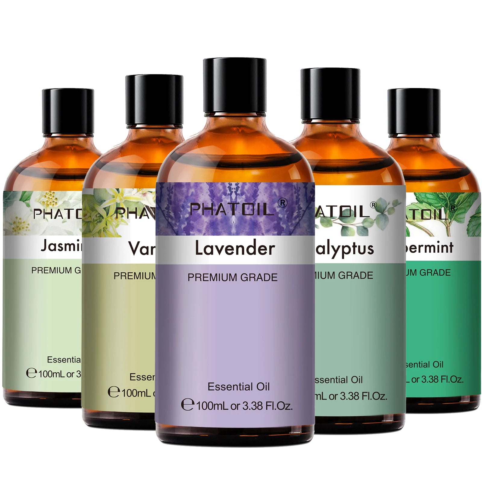 PHATOIL 100ml Essential Oil Blend Set with Eucalyptus, Lavender, Vanilla, Jasmine, Lemon, and Bergamot for Aromatherapy & DIY

