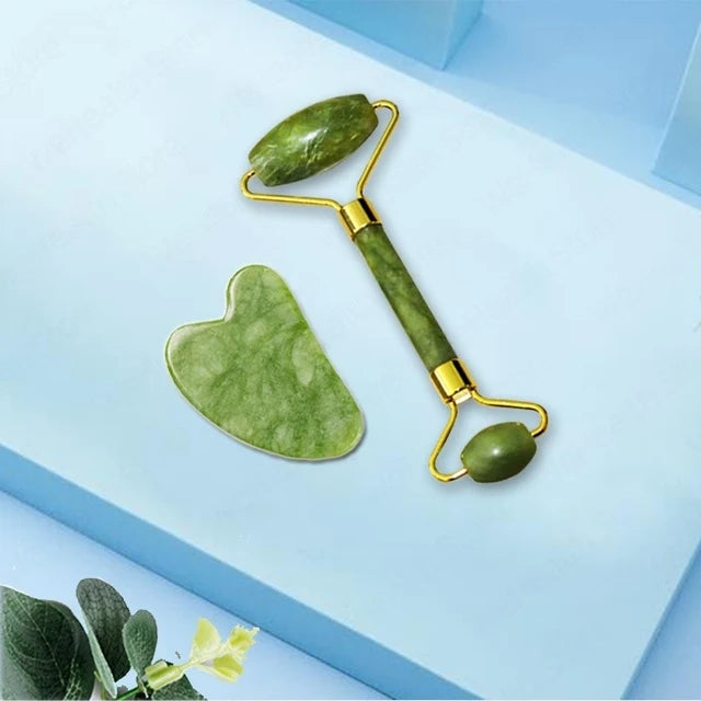 Jade Gua Sha Face Massager Roller and Scraper Tool for Facial Lift & Neck Slimming
