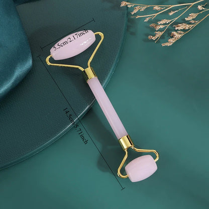 Pink Quartz Jade Facial Roller and Gua Sha Massager Tool for Skin Sculpting & Glow