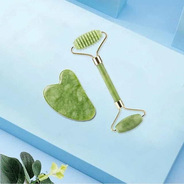 Jade Gua Sha Face Massager Roller and Scraper Tool for Facial Lift & Neck Slimming