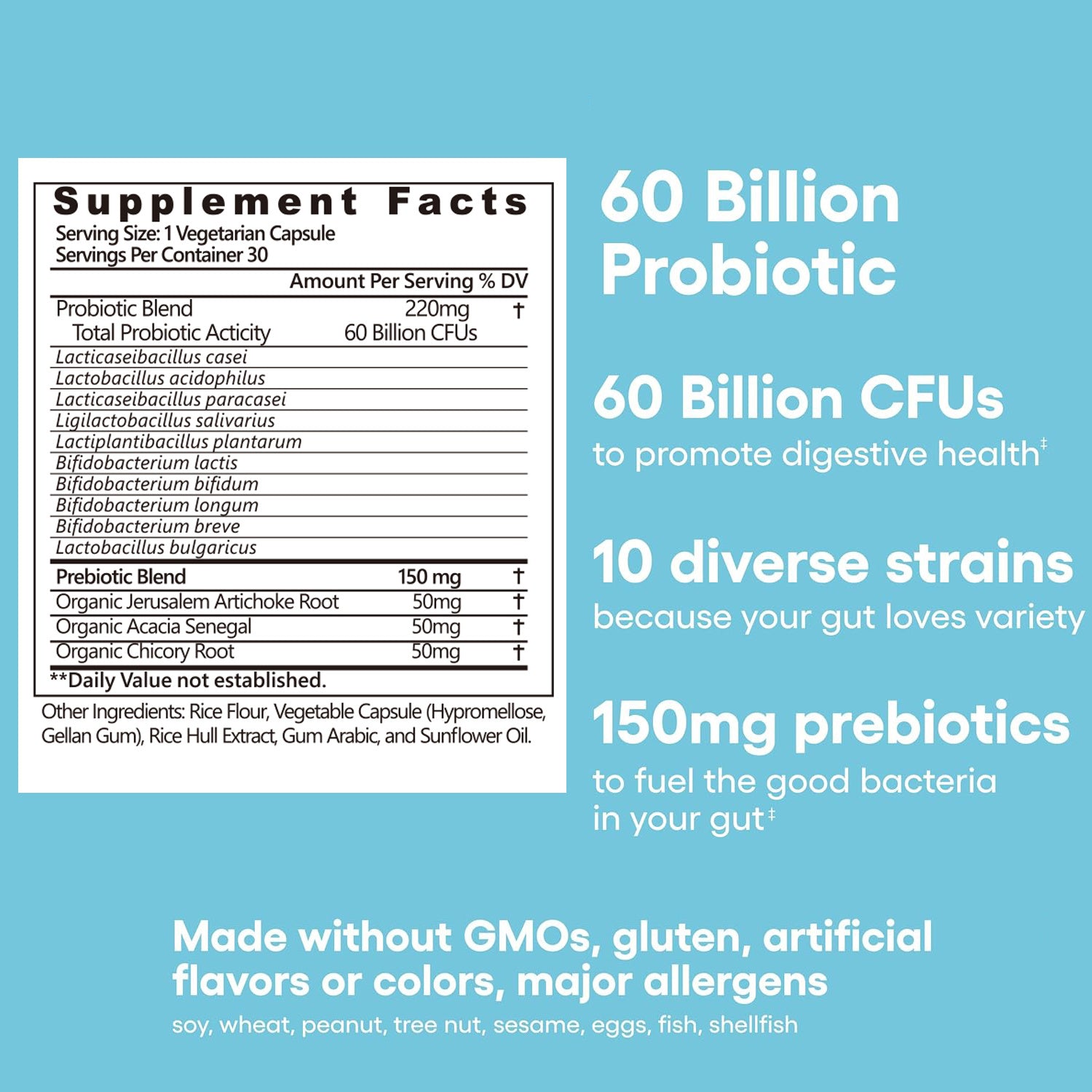 Probiotics 60 Billion CFU + Organic Prebiotics
Digestive & immune support for gas, bloating & gut balance.
