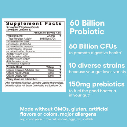 Probiotics 60 Billion CFU + Organic Prebiotics
Digestive & immune support for gas, bloating & gut balance.