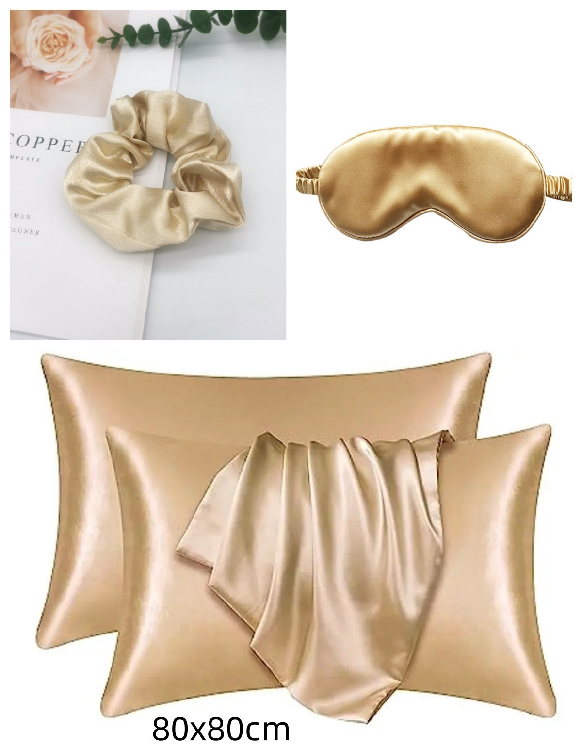 Set of gold satin items including a pillow, eye mask, and scrunchie on a white background.