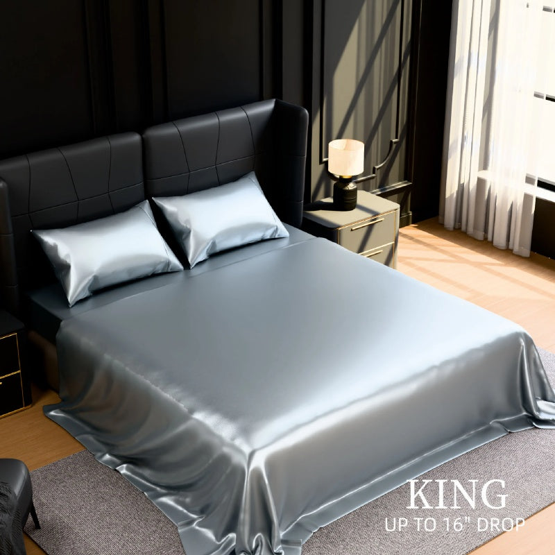 Smooth polyester satin sheets on king mattress