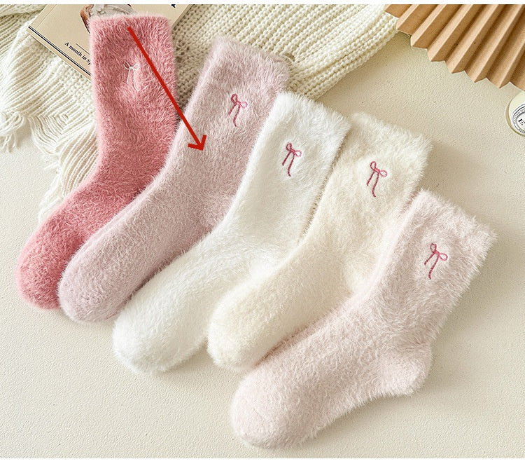 Thickened Mink-wool Cozy Home-style Plush Socks With Bow For Women