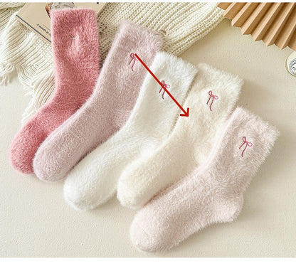 Thickened Mink-wool Cozy Home-style Plush Socks With Bow For Women
