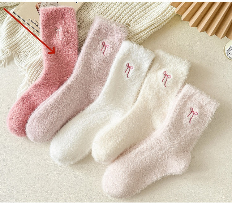 Thickened Mink-wool Cozy Home-style Plush Socks With Bow For Women