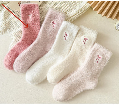 Thickened Mink-wool Cozy Home-style Plush Socks With Bow For Women