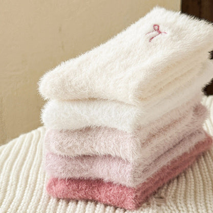 Thickened Mink-wool Cozy Home-style Plush Socks With Bow For Women