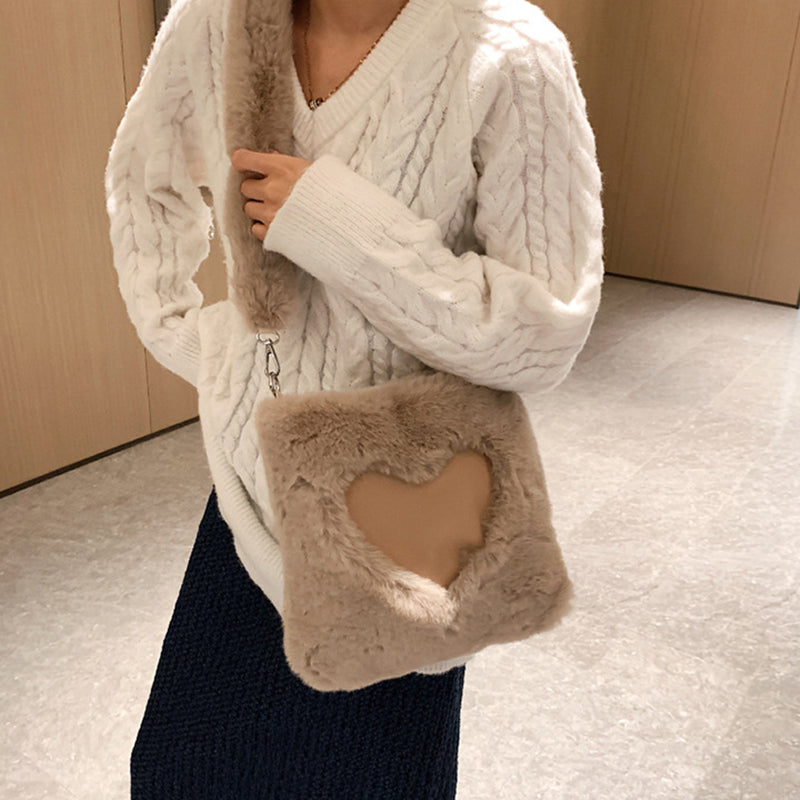 Winter plush shoulder tote bag for women with soft texture and vertical square shape