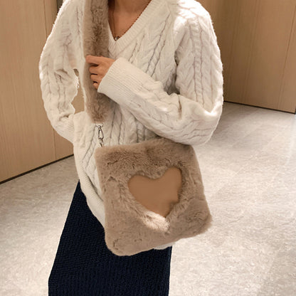 Winter plush shoulder tote bag for women with soft texture and vertical square shape
