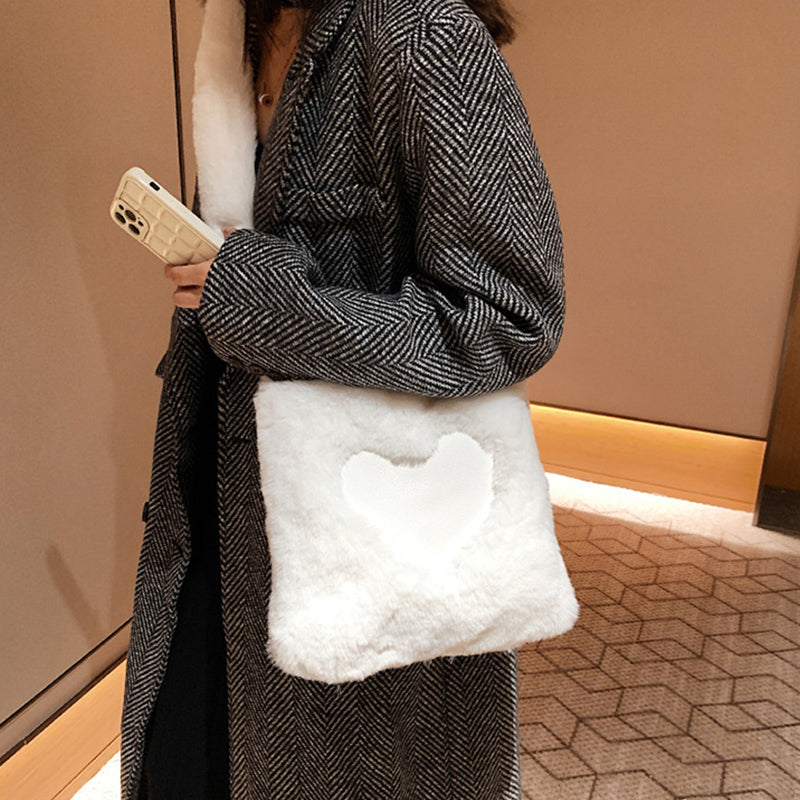 Winter plush shoulder tote bag for women with soft texture and vertical square shape