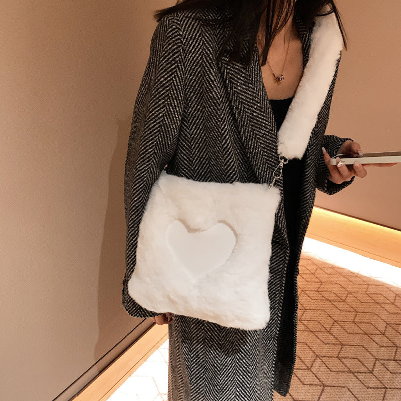 Winter plush shoulder tote bag for women with soft texture and vertical square shape