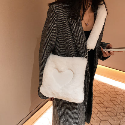 Winter plush shoulder tote bag for women with soft texture and vertical square shape