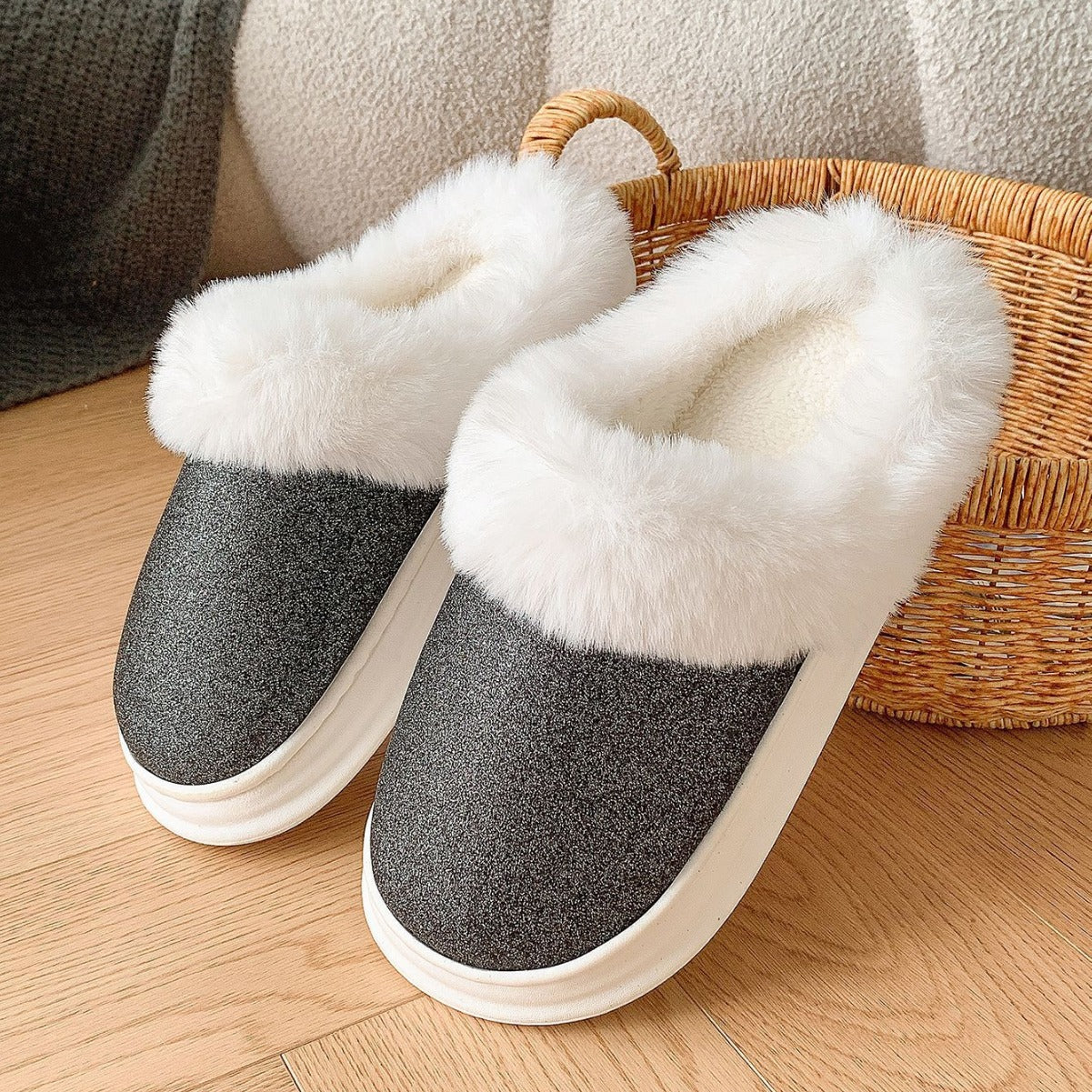 Thick sole fuzzy slippers for home floors