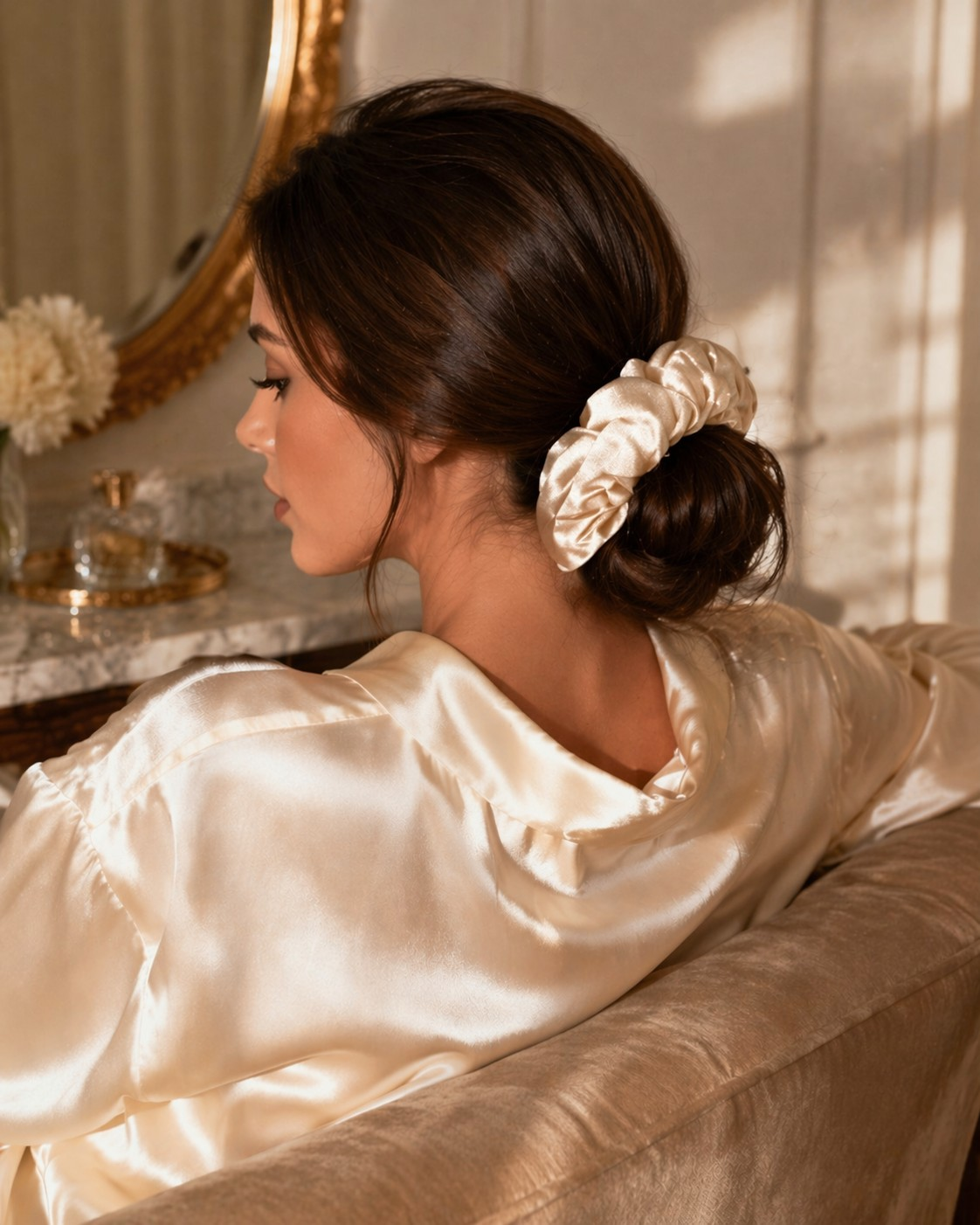 Elegant satin hair scrunchie smooth hair tie accessory for women styled in refined hairstyle